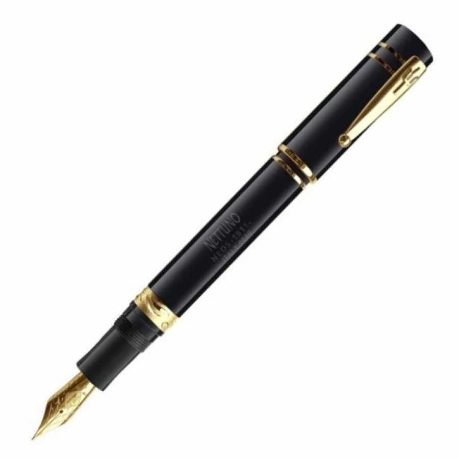 Fountain Pens * | New Nettuno 1911 Neos Teseo Fountain Pen, Mirror Black & Gold, Fine Nib