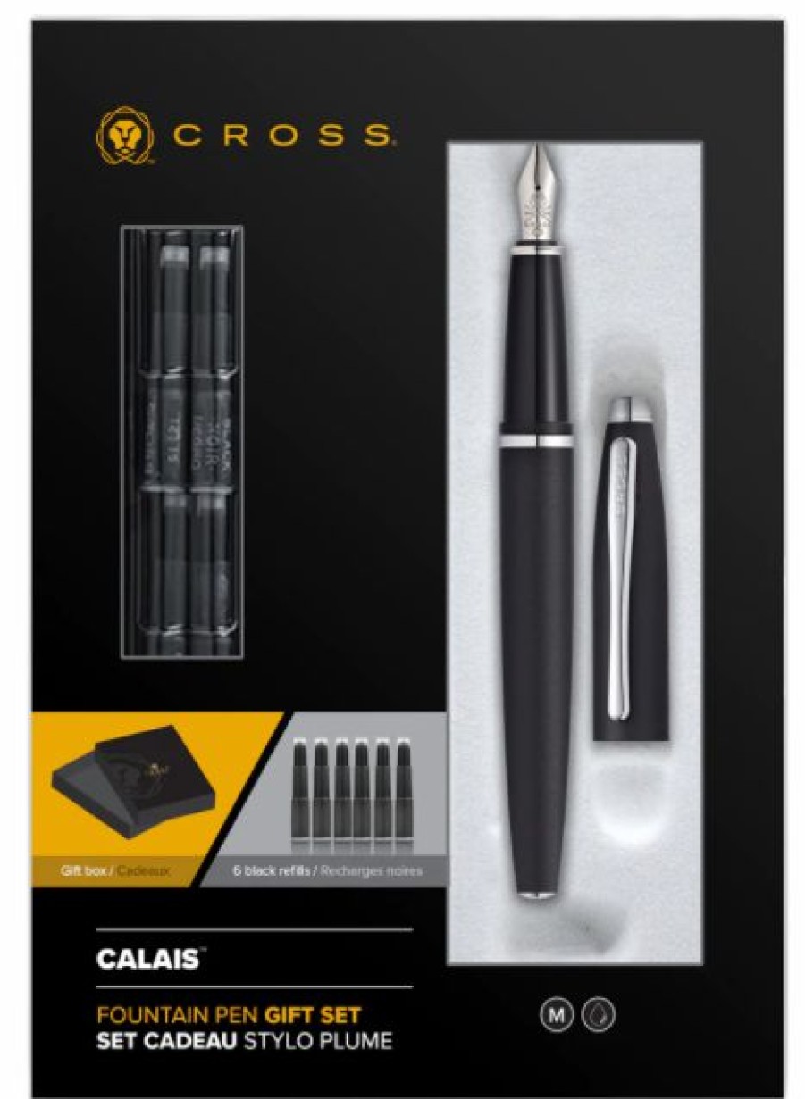 Fountain Pens * | Cheap Cross Calais Fountain Pen, Black & Chrome, Medium, Free Refills