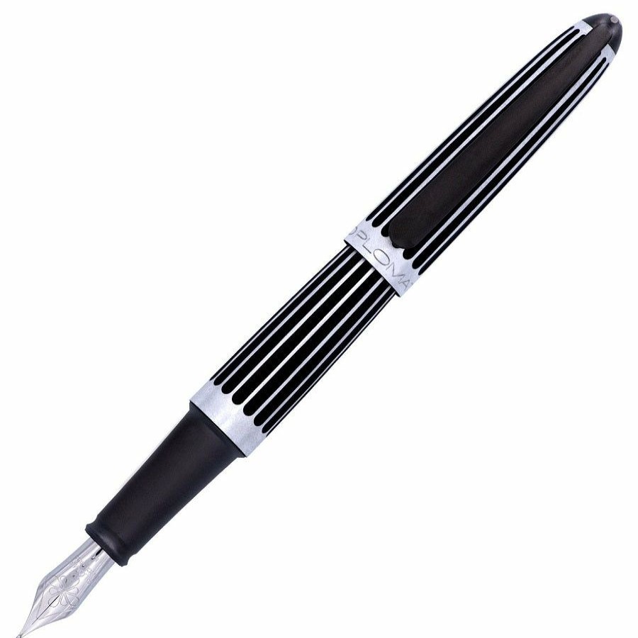 Fountain Pens * | Cheapest Diplomat Aero Black & Chrome Stripes Fountain Pen