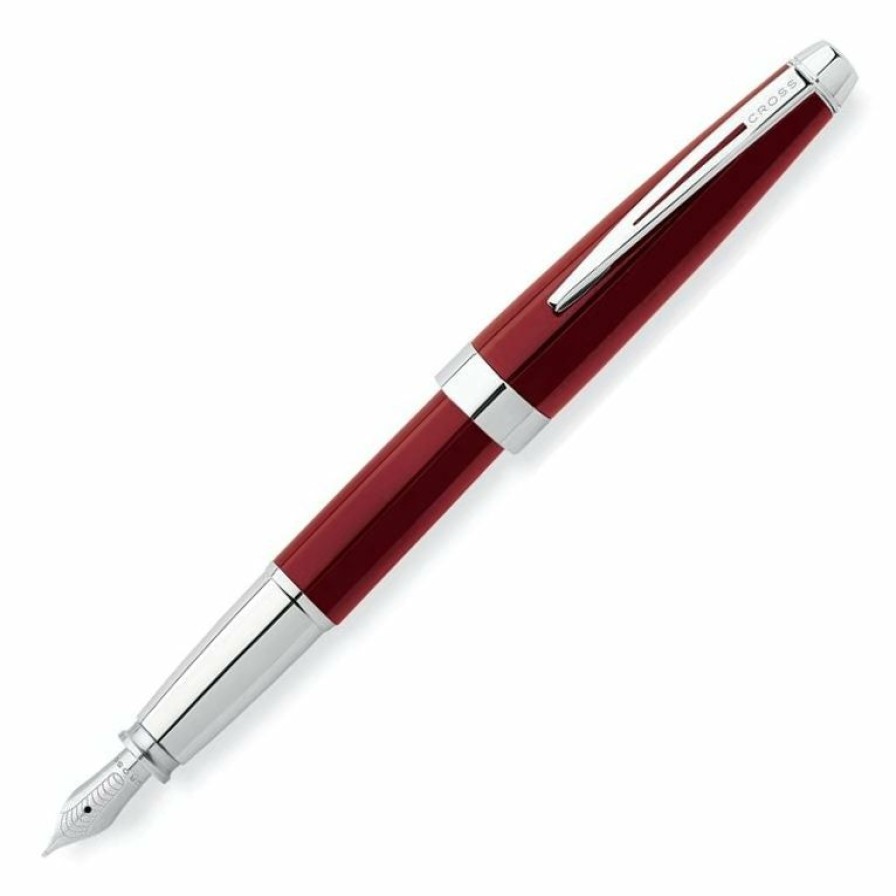 Fountain Pens * | New Cross Aventura Fountain Pen, Fire Engine Red Lacquer & Chrome, Medium Nib