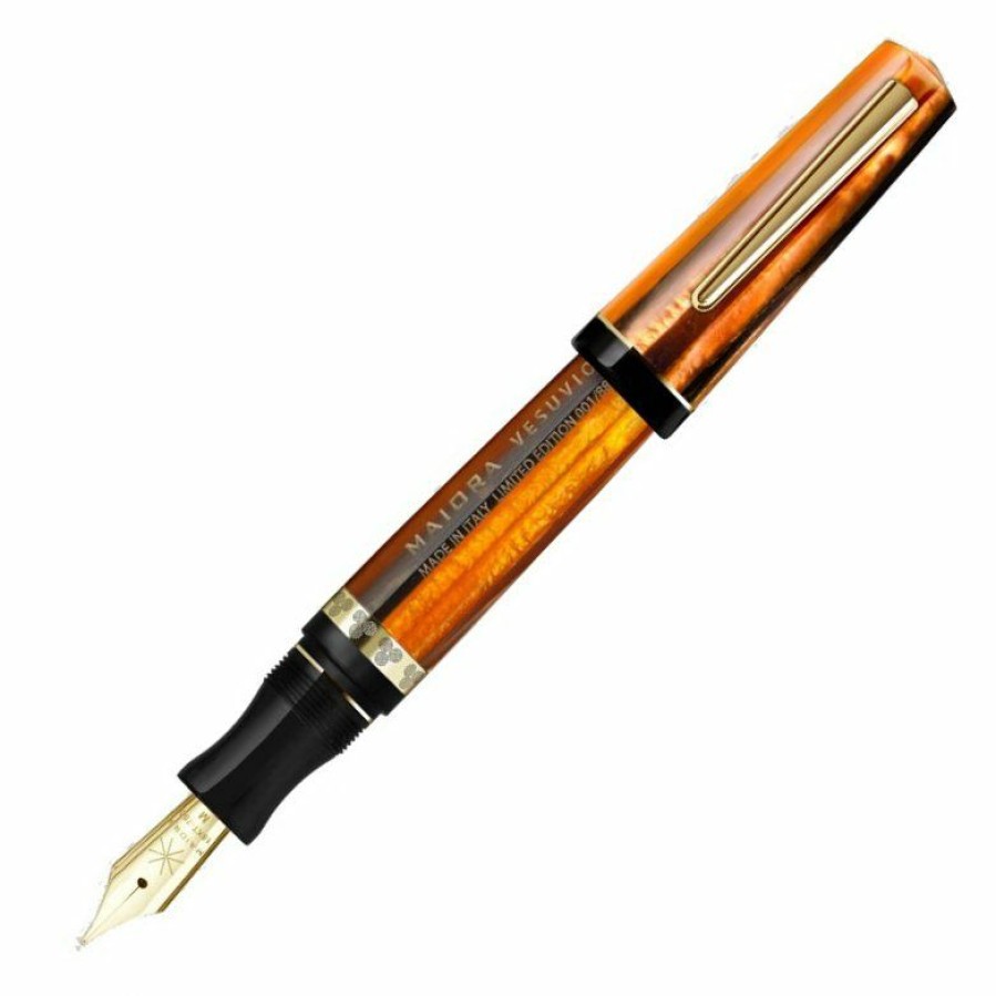 Fountain Pens * | Top 10 Maiora Vesuvio, Black & Orange, Fountain Pen, 18K Gold Medium Nib