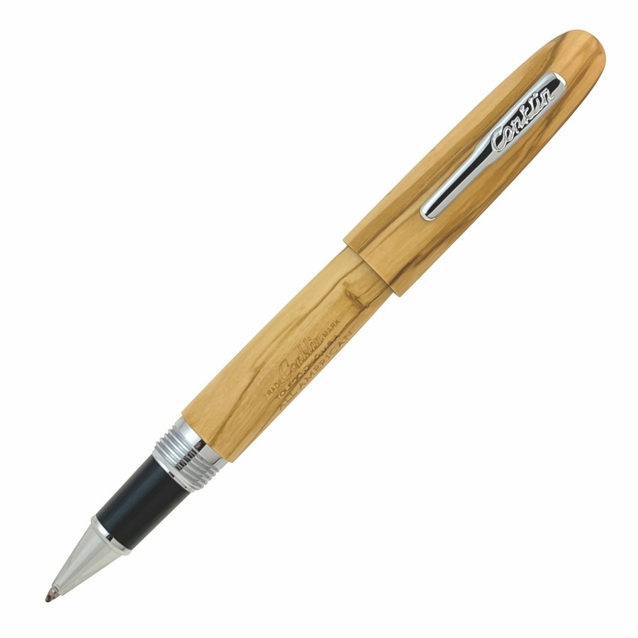 Rollerball Pens * | Best Pirce Conklin All American Limited Edition Olive Wood Rollerball Pen, Chrome Trim