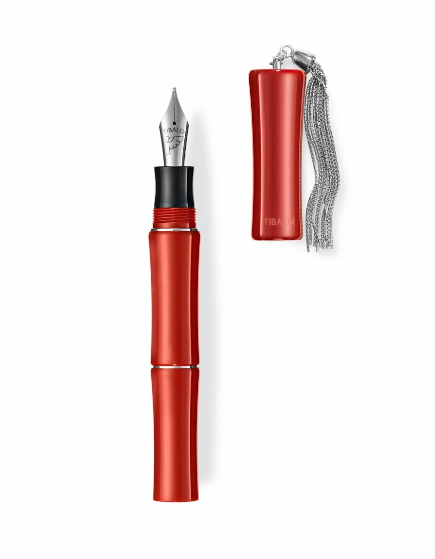 Fountain Pens * | Discount Tibaldi Bambo Lipstick Red Resin Fountain Pen, Sterling Silver Tassel, Fine Nib