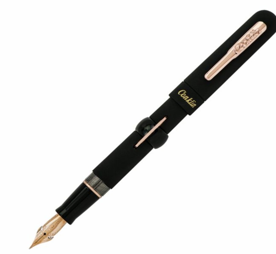 Fountain Pens * | Best Pirce Conklin Mark Twain Limited Edition Crescent Filler Fountain Pen, Superblack/Rosegold